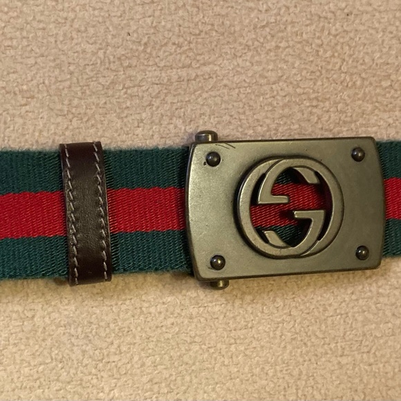 Gucci classic stripe textile belt,red green leather accents, slip bar closure - Picture 4 of 7